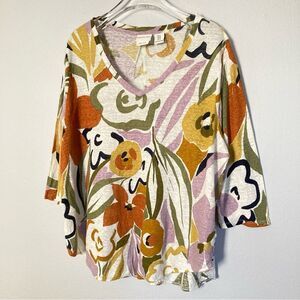 Rachel Zoe Top 100% Linen Knit‎ Abstract Floral High Low Hem V-Neck Plus Size 1X